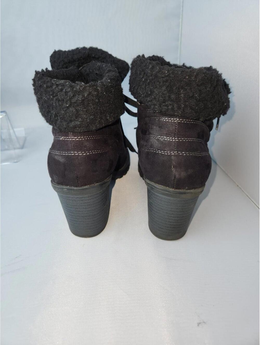 Jelly Pop Black Suede Lace-Up Ankle Boots with Faux Fur Cuff and Block Heel - Picture 9 of 14
